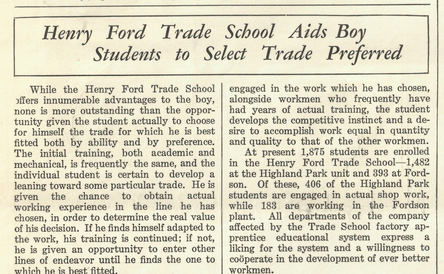 Henry Ford Trade School News Snippet